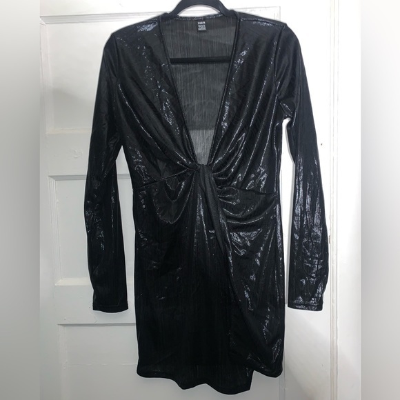 SHEIN Dresses & Skirts - SHEIN black shiny sheer‎ low cut mini dress size large